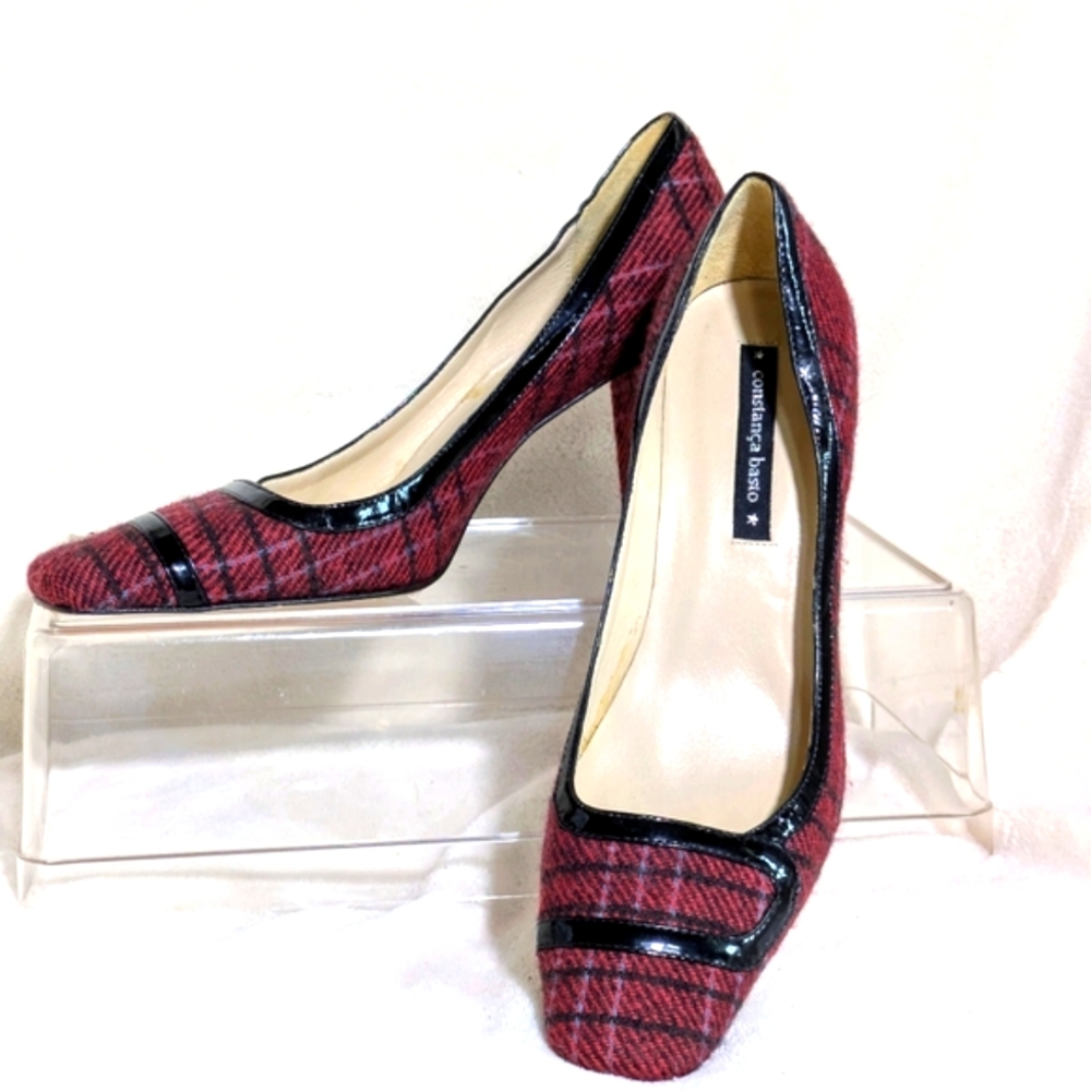 Constanca Basto Tweed Heels Leather Soles, Burgundy Black Gray, Business‎ Sz 8.5